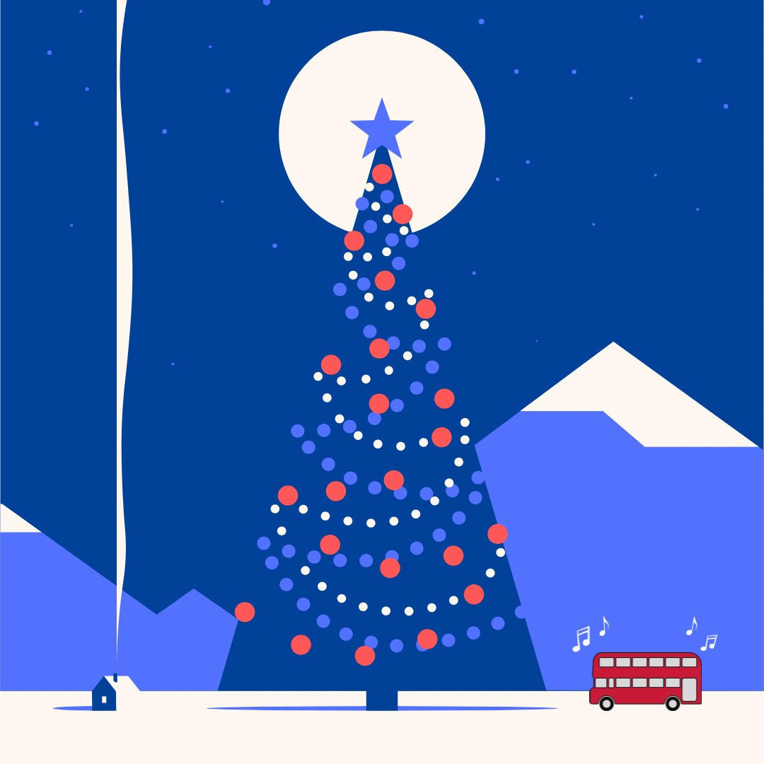 drawing of a Christmas tree and red double decker bus