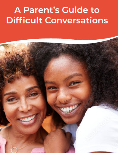 Difficult conversations cover with a smiling mom and her daughter