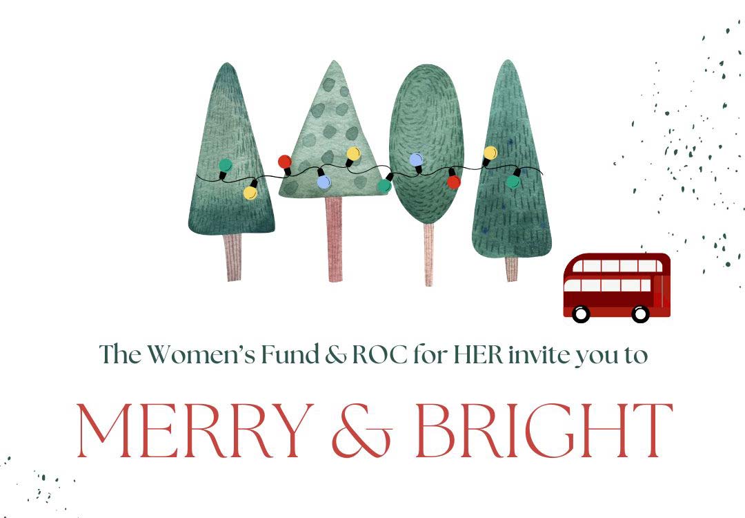 drawing of decorated Christmas trees and red double decker bus and The Women's Fund Logo